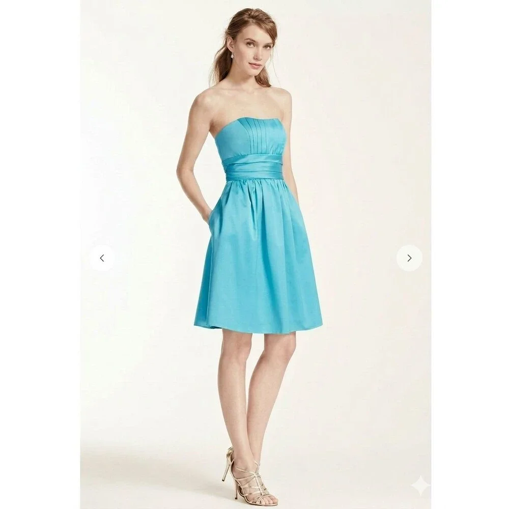 VTG y2k Turquoise Strapless Cotton Fit & Flare Dress 6 Small Blue Cocktail Mini - Picture 5 of 8